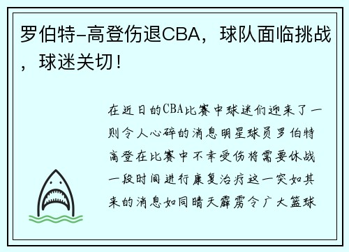 罗伯特-高登伤退CBA，球队面临挑战，球迷关切！