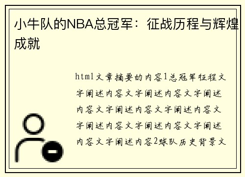 小牛队的NBA总冠军：征战历程与辉煌成就